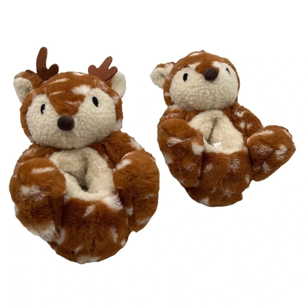 GAP Baby Brown Cream Faux Fur Sherpa Lined Reindeer Slippers Size Medium
